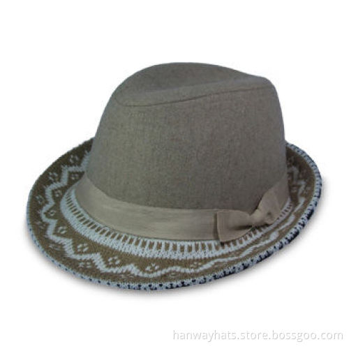 Women's Fashion Melton Fedora/Trilby Hat with GG Band, Bow and Knitted Brim